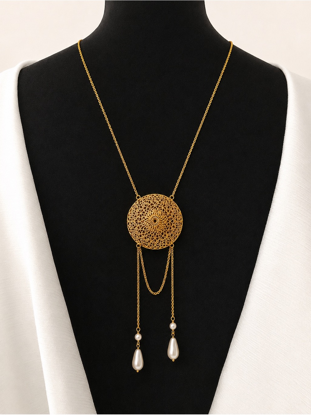 Gold Filigree Medallion Back Necklace with Pearl Drops - Women Jewelry